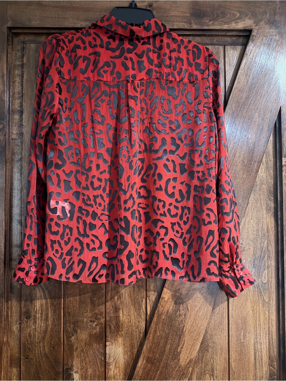 Alice + Olivia Red & Black Leopard Print Silk Blouse - Picture 3 of 6